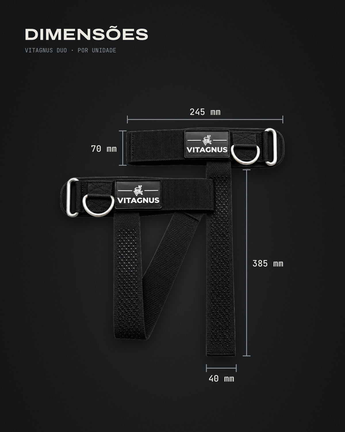 Vitagnus Duo – dimensões, iguais em preto e rosa: cuff 245 × 70 mm, strap 385 × 40 mm