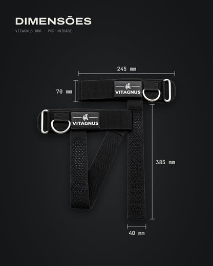Vitagnus Duo – dimensões, iguais em preto e rosa: cuff 245 × 70 mm, strap 385 × 40 mm